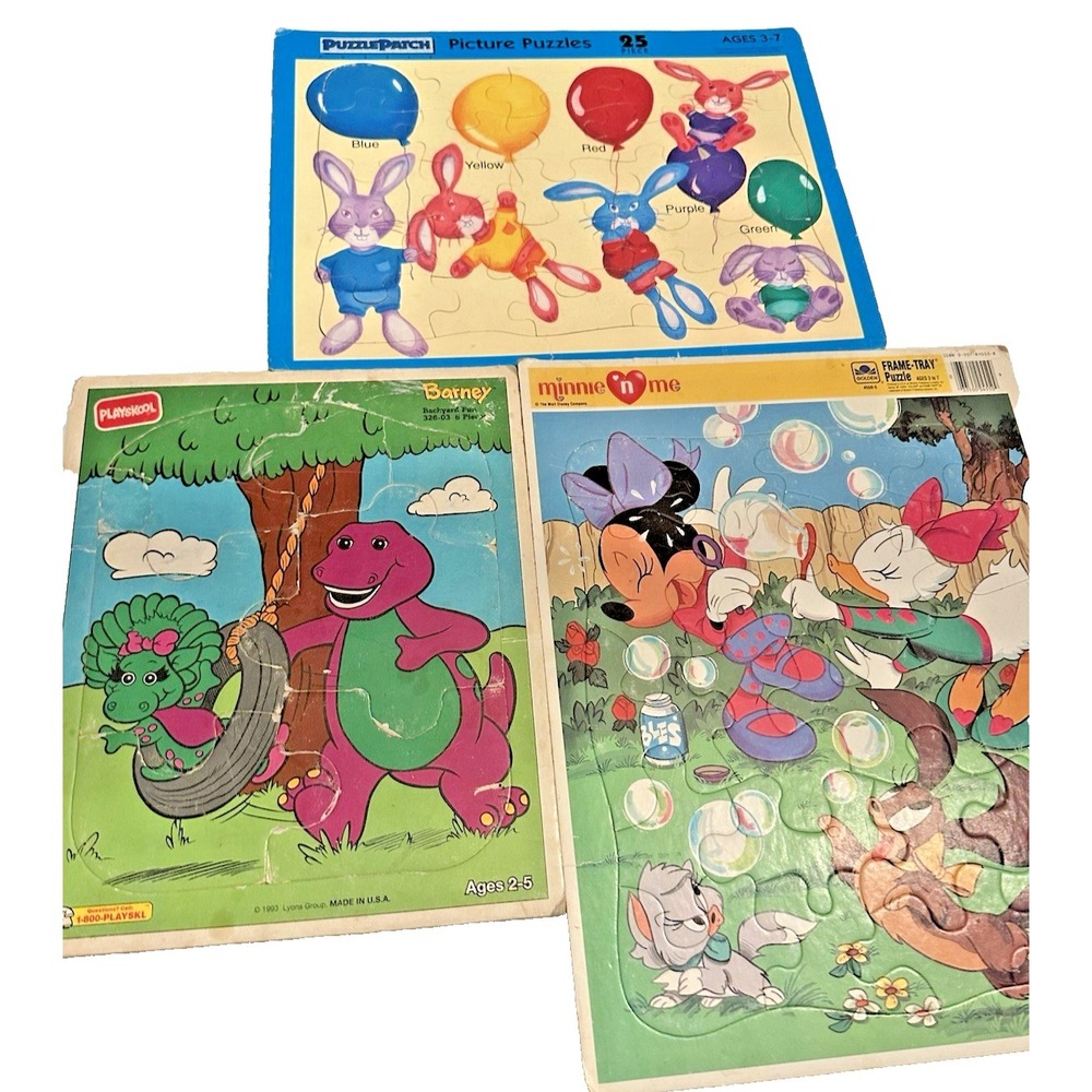 3 Vintage Tray Puzzles: Barney, Minnie Mouse, Bunny Counting  Ages 3-7 years
